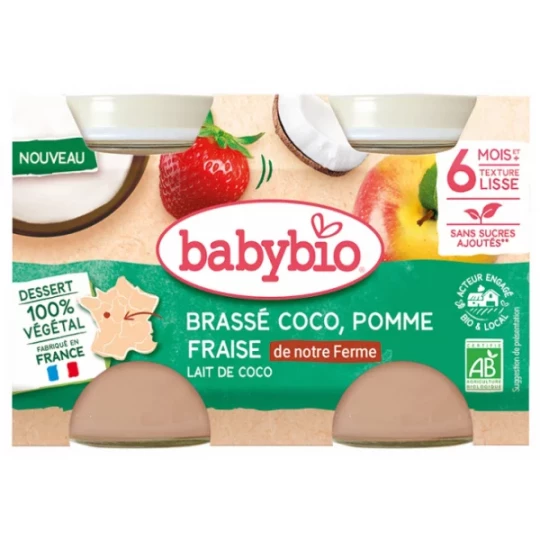 Babybio Brassé Coco Pomme Fraise Lait de Coco 6 Mois et + Bio Pots 130 g x 2