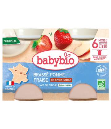 Babybio Brassé Pomme Fraise Lait de Vache 6 Mois et + Bio Pots 130 g x 2