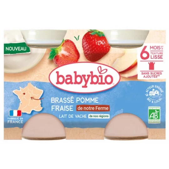 Babybio Brassé Pomme Fraise Lait de Vache 6 Mois et + Bio Pots 130 g x 2