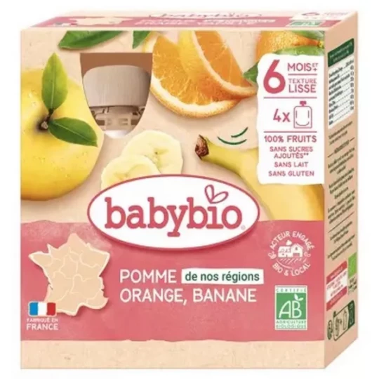 Babybio Pomme Orange Banane 6 Mois et + Bio 4 Gourdes