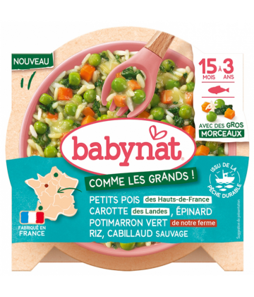 Babybio Babynat Petits Pois Carotte Épinard Potimarron Vert Riz & Cabillaud Sauvage de 15 Mois à 3 Ans 200 g