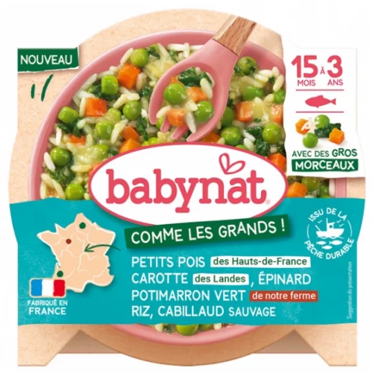 Babybio Babynat Petits Pois Carotte Épinard Potimarron Vert Riz & Cabillaud Sauvage de 15 Mois à 3 Ans 200 g