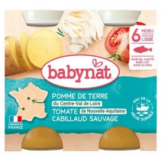 Babybio Babynat Pomme de Terre Tomate Cabillaud Sauvage 6 Mois et + Pots 200 g x 2