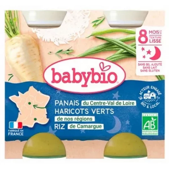 Babybio Bonne Nuit Panais Haricots Verts Riz 8 Mois et + Bio Pots 200 g x 2