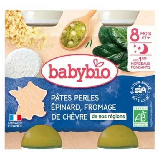 Babybio Bonne Nuit Pâtes Perles Épinard Fromage de Chevre 8 Mois et + Bio Pots 200 g x 2