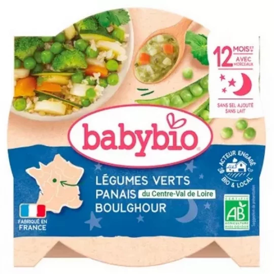 Babybio Bonne Nuit Pœlée de Légumes Verts Panais Boulghour 12 Mois et + Bio 230 g