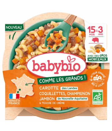 Babybio Carottes Coquillettes Champignon Jambon de 15 Mois à 3 Ans Bio 200 g