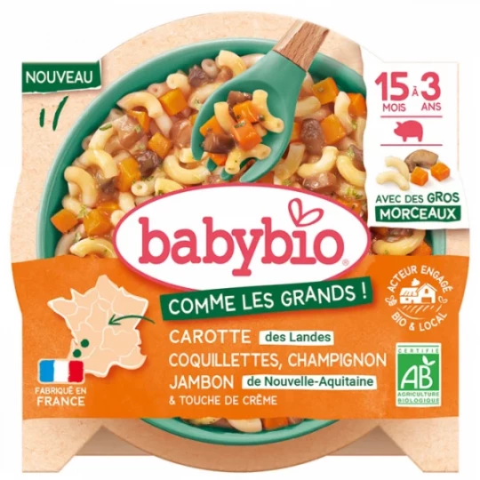 Babybio Carottes Coquillettes Champignon Jambon de 15 Mois à 3 Ans Bio 200 g