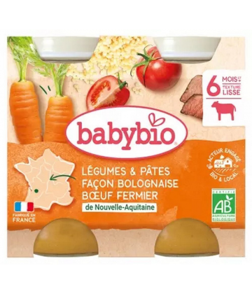 Babybio Légumes & Pâtes Façon Bolognaise au Bœuf Fermier 6 Mois et + 2 Bio Pots 200 g