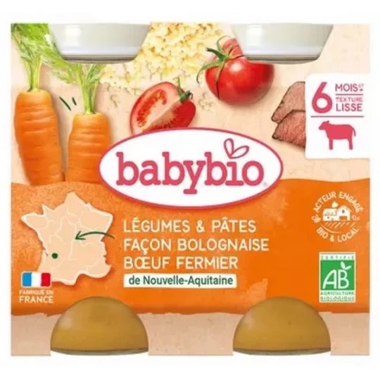 Babybio Légumes & Pâtes Façon Bolognaise au Bœuf Fermier 6 Mois et + 2 Bio Pots 200 g