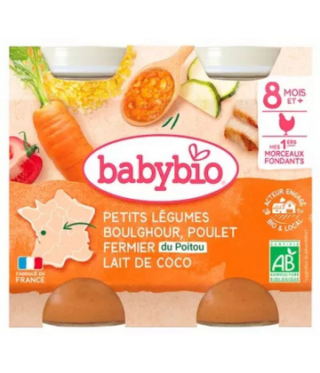 Babybio Petits Légumes Boulghour Poulet Fermier Lait de Coco 8 Mois et + Bio Pots 200 g x 2