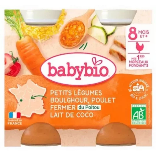 Babybio Petits Légumes Boulghour Poulet Fermier Lait de Coco 8 Mois et + Bio Pots 200 g x 2