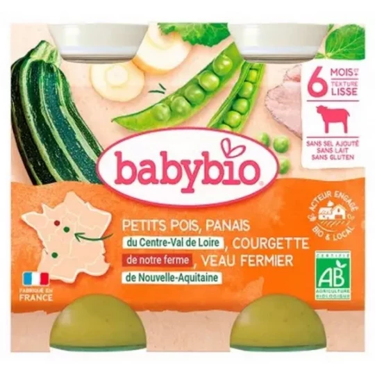 Babybio Petits Pois Panais Courgette Veau Fermier 6 Mois et + Bio Pots 200 g x 2