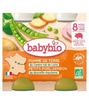 Babybio Pomme de Terre Petits Pois Jambon 8 Mois et + Bio Pots 200 g x 2
