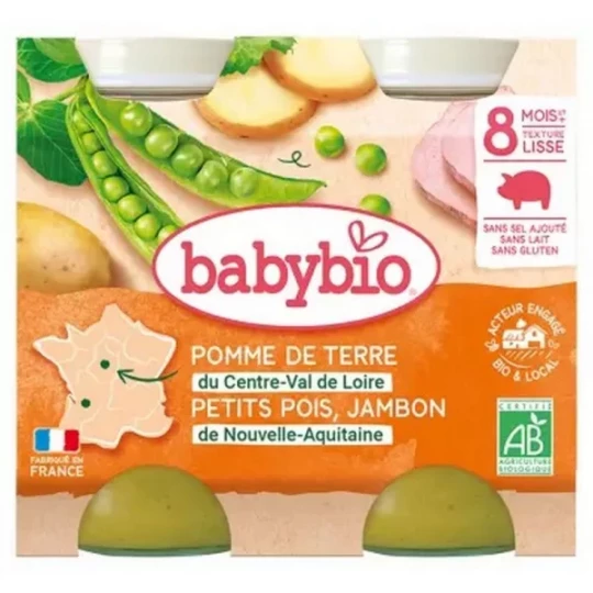 Babybio Pomme de Terre Petits Pois Jambon 8 Mois et + Bio Pots 200 g x 2