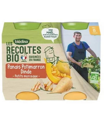Blédina Les Récoltes Bio Panais Potimarron Dinde des 8 Mois Bio Pots x 2