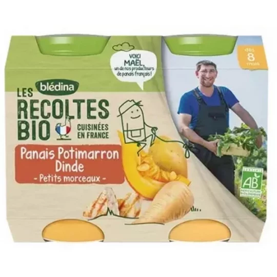 Blédina Les Récoltes Bio Panais Potimarron Dinde des 8 Mois Bio Pots x 2