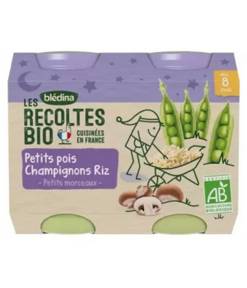 Blédina Les Récoltes Bio Petits Pois Champignons Riz des 8 mois Bio Pots x 2