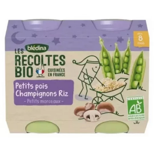 Blédina Les Récoltes Bio Petits Pois Champignons Riz des 8 mois Bio Pots x 2