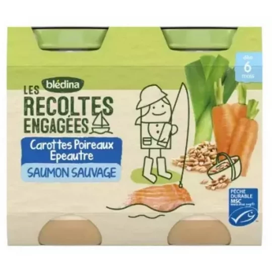 Blédina Les Récoltes Engagées Carottes Poireaux Epeautre Saumon Sauvage des 6 Mois Pots x 2