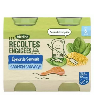 Blédina Les Récoltes Engagées Épinards Semoule Saumon Sauvage des 6 Mois Pots x 2