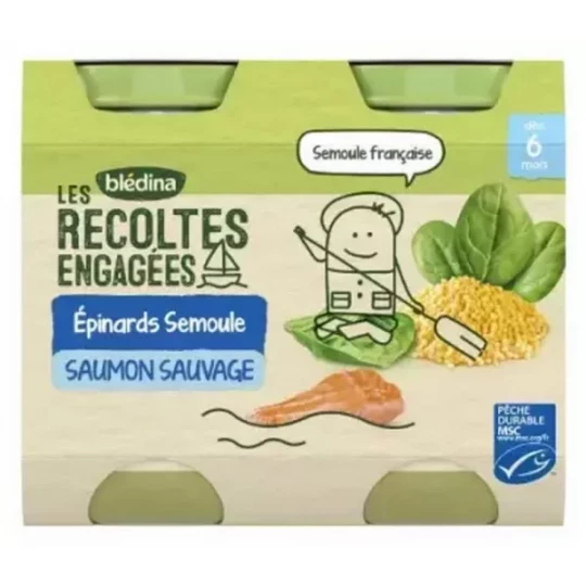 Blédina Les Récoltes Engagées Épinards Semoule Saumon Sauvage des 6 Mois Pots x 2