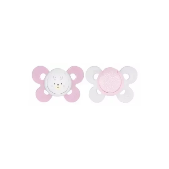 Chicco Physio Comfort 2 Sucettes Silicone 0-6 Mois - Modele : Lapin Rose et Plumetis Roses