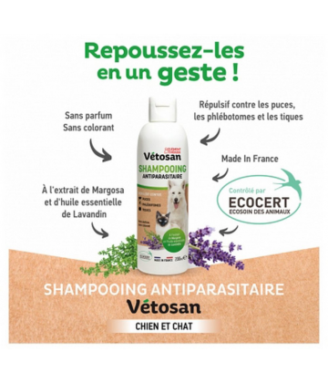 Clément Thékan Vétosan Shampoing Anti-Parasitaire Chiens et Chats Bio 200 ml