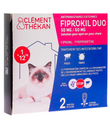 Clément Thékan Fiprokil Duo Antiparasitaire Chat 1 à 12 kg Pipettes x 2