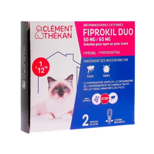 Clément Thékan Fiprokil Duo Antiparasitaire Chat 1 à 12 kg Pipettes x 2