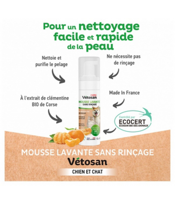 Clément Thékan Vétosan Mousse Lavante Sans Rinçage Chiens et Chats 150 ml