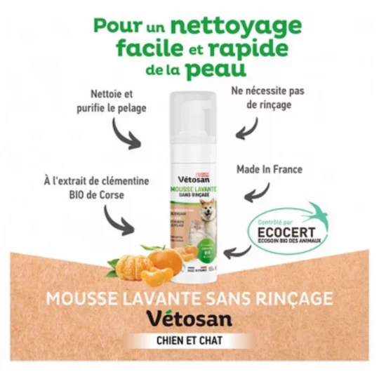 Clément Thékan Vétosan Mousse Lavante Sans Rinçage Chiens et Chats 150 ml - image 2