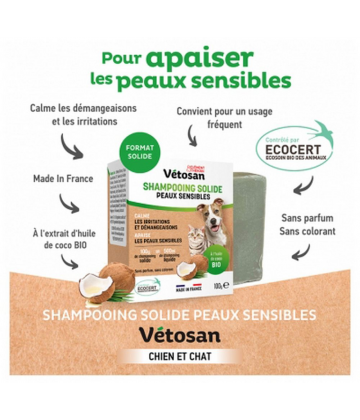 Clément Thékan Vétosan Shampoing Solide Peaux Sensibles Chiens et Chats Bio 100 g