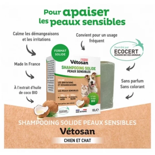 Clément Thékan Vétosan Shampoing Solide Peaux Sensibles Chiens et Chats Bio 100 g - image 2