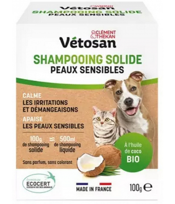 Clément Thékan Vétosan Shampoing Solide Peaux Sensibles Chiens et Chats Bio 100 g