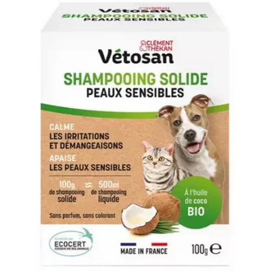 Clément Thékan Vétosan Shampoing Solide Peaux Sensibles Chiens et Chats Bio 100 g
