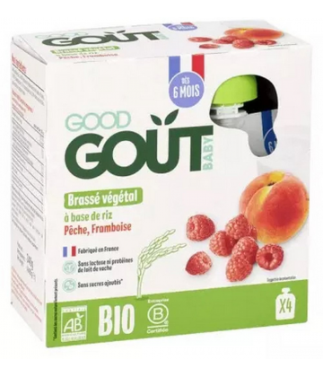 Good Goût Brassé Végétal à Base de Riz Peche Framboise des 6 Mois Bio Gourdes 85 g x 4