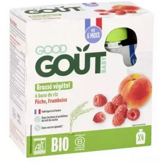 Good Goût Brassé Végétal à Base de Riz Peche Framboise des 6 Mois Bio Gourdes 85 g x 4
