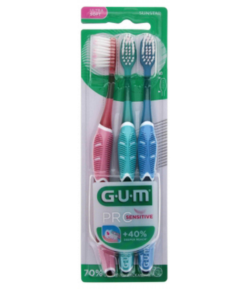 GUM Brosse à Dents Pro Sensitive 510 Trio Pack - Couleur : Rose / Vert / Bleu