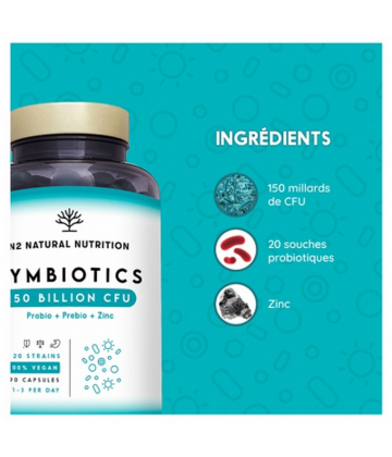 N2 Natural Nutrition SymBiotics 150 ProBiotiques PréBiotiques et Zinc Capsules x 60