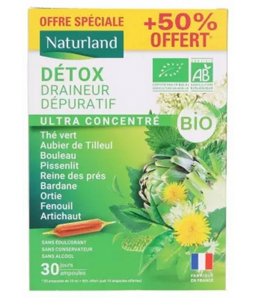 Naturland Détox Draineur Dépuratif Ultra Concentré Bio Ampoules x 20 + 10 Offertes