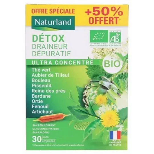 Naturland Détox Draineur Dépuratif Ultra Concentré Bio Ampoules x 20 + 10 Offertes