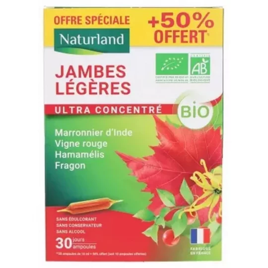 Naturland Jambes Légeres Ultra Concentré Bio Ampoules x 20 + 10 Offertes