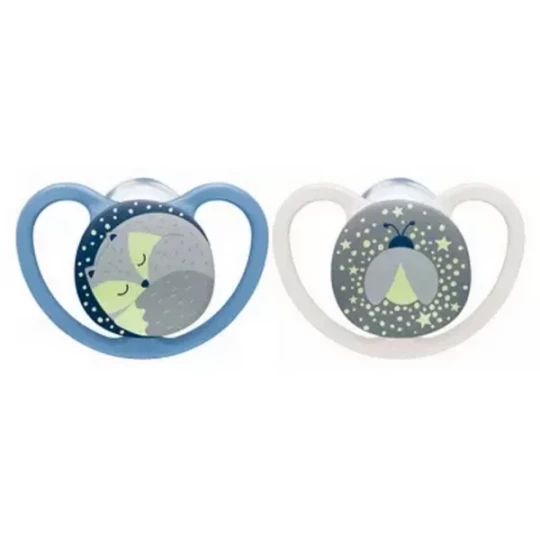 NUK Space Night 2 Sucettes Silicone 0-6 Mois - Couleur : Rose/Verte