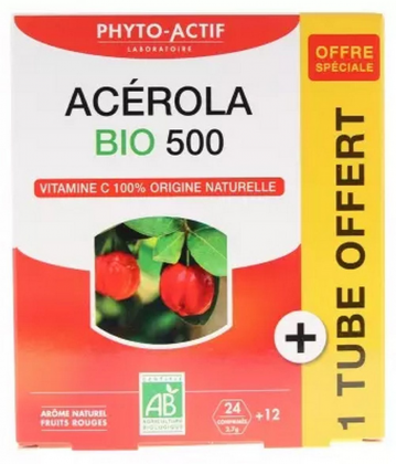 Phyto-Actif Acerola 500 Bio Comprimés x 24 + 1 Tube Offert