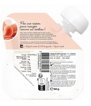 Popote Gourde Le Jambon Purée des 4/6 Mois Bio 60 g