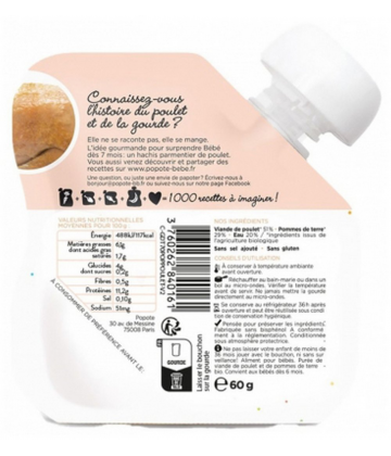 Popote Gourde Le Poulet Purée des 4/6 Mois Bio 60 g