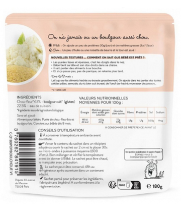 Popote Les Moulinés Chou-Fleur et Boulgour des 8 Mois Bio 180 g