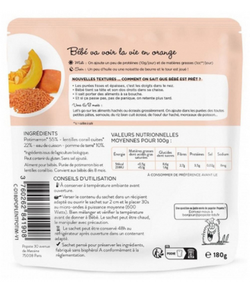 Popote Les Moulinés de Potimarron et Lentilles Corail des 8 Mois Bio 180 g