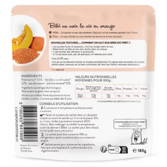 Popote Les Moulinés de Potimarron et Lentilles Corail des 8 Mois Bio 180 g - image 2